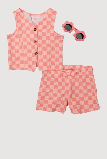 Toddler Girls Checkered Rib Knit Vest and Shorts with Sunglasses