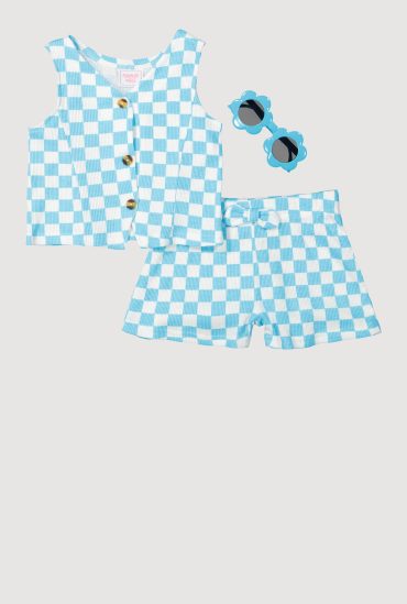 Toddler Girls Checkered Rib Knit Vest and Shorts with Sunglasses