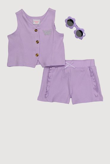 Toddler Girls Rib Knit Butterfly Vest and Shorts with Sunglasses