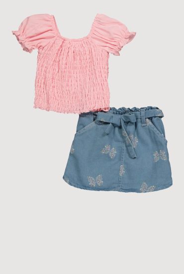Toddler Girls Trendy Smocked Puff Sleeve Top and Butterfly Print Skirt