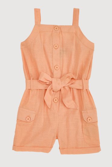 Toddler Girls Button Front Tie Waist Belted Romper