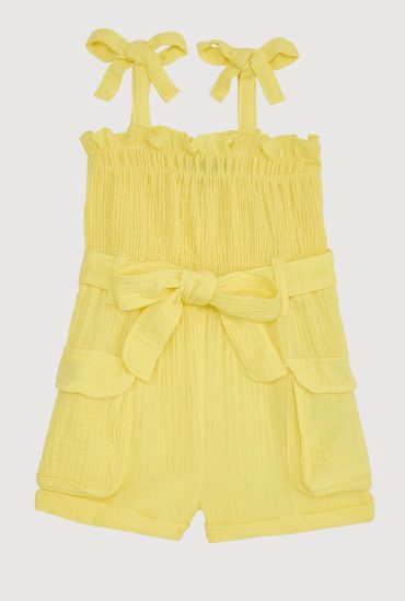 Toddler Girls Gauze Knit Bow Strap Tie Waist Romper