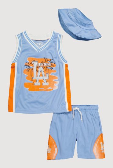 Toddler Boys Graphic Basketball Jersey and Shorts with Bucket Hat