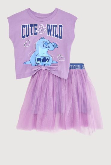 Little Girls Cute and Wild Stitch Graphic Top with Tutu Skort