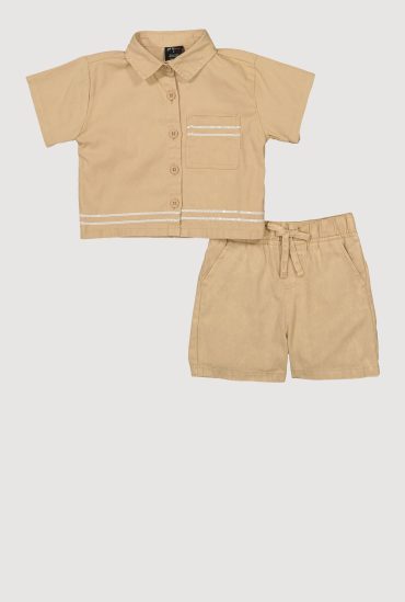 Little Girls Sequin Trim Button Front Shirt and Shorts