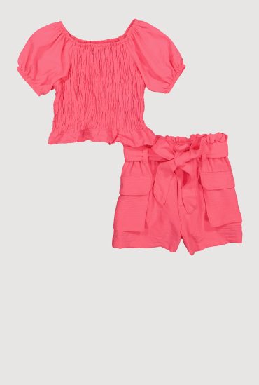 Little Girls Smocked Puff Sleeve Top and Cargo Shorts