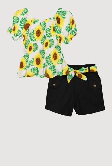 Little Girls Sunflower Smocked Peplum Top and Cargo Shorts