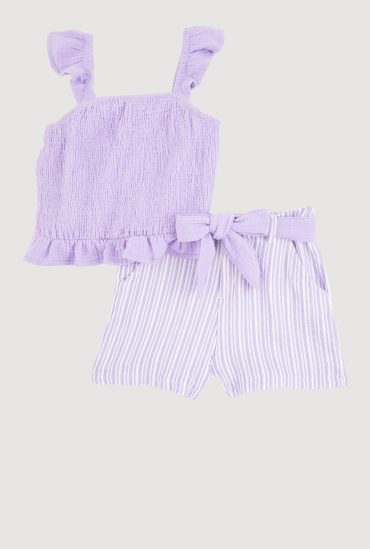 Little Girls Ruffle Smocked Top and Tie Waist Striped Shorts