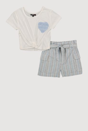 Little Girls Heart Twist Front Tee and Striped Cargo Shorts