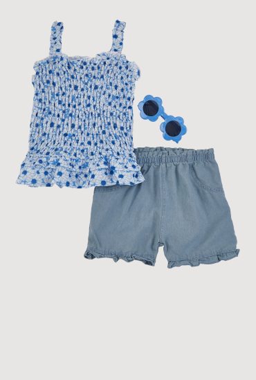 Little Girls Daisy Print Smocked Top and Shorts Set