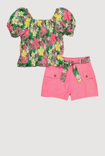 Girls Trendy Floral Print Peasant Top and Cargo Shorts