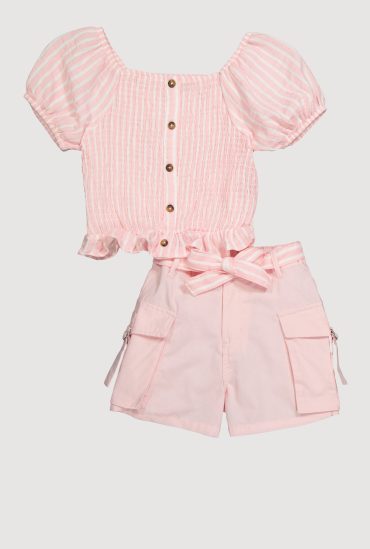 Girls Striped Smocked Top and Cargo Shorts