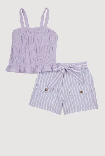 Girls Smocked Cami and Tie Waist Belted Striped Shorts