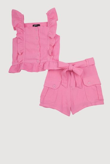 Girls Sleeveless Ruffle Button Front Top and Shorts