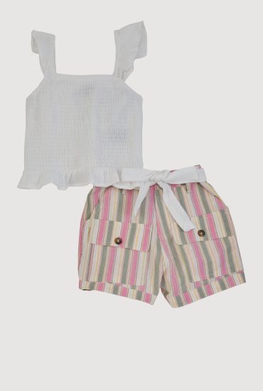 Girls Gauze Knit Smocked Top and Striped Shorts