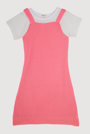 Little Girls Color Blocked Rhinestone Studded T Shirt Dress