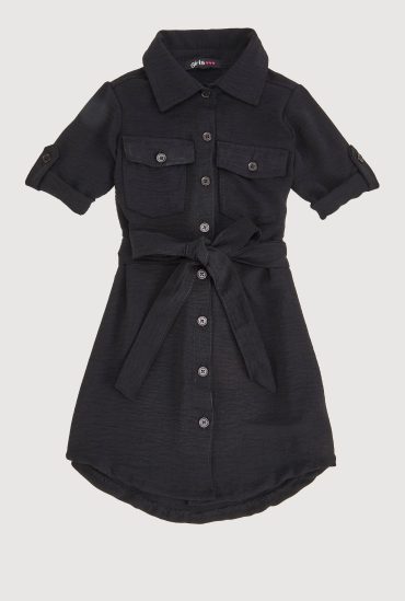 Little Girls Tie Waist Belted Shirt Dress