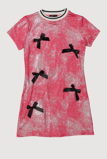 Girls Bow Detail Foil Screen Print Dress