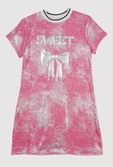 Girls Foil Screen Sweet Bow Graphic T Shirt Dress