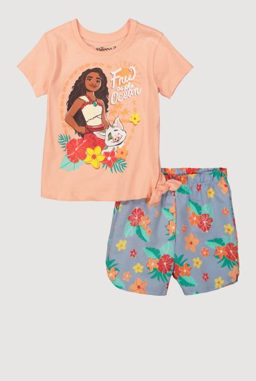 Little Girls Moana Tie Side Graphic Tee and Shorts