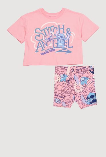 Little Girls Stitch and Angel Graphic Tee and Biker Shorts