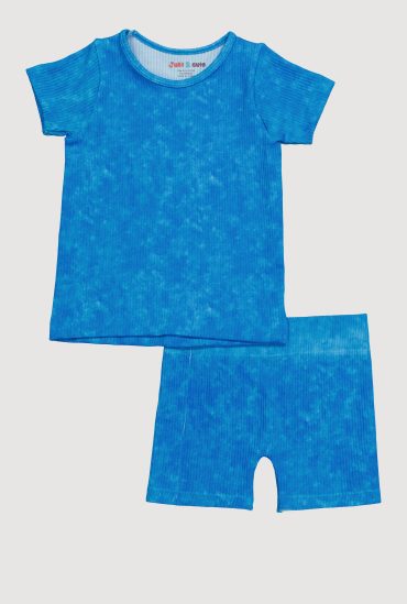 Little Girls Acid Wash Seamless Ribbed Knit Tee and Biker Shorts Set