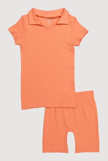Girls Seamless Ribbed Knit Polo Shirt and Bike Shorts Set