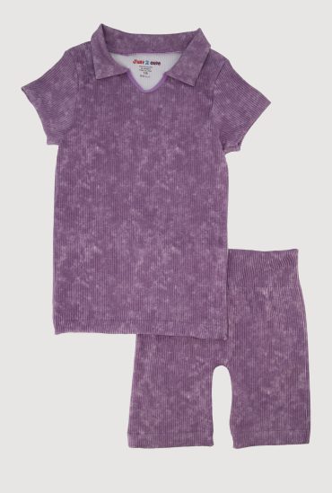 Girls Trendy Seamless Rib Knit Mineral Wash Polo Shirt and Shorts