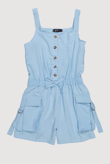 Girls Button Front Tabbed Cargo Pocket Romper