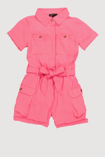 Girls Crepe Knit Tie Waist Belted Utility Romper
