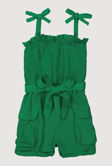 Girls Gauze Knit Tie Shoulder Smocked Cargo Romper