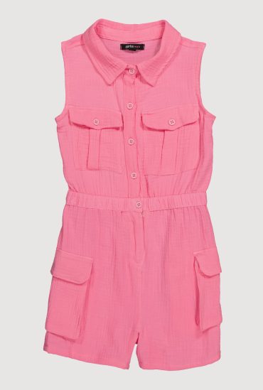 Girls Gauze Knit Sleeveless Utility Romper