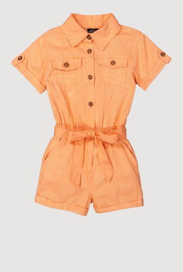 Girls Tie Waist Belted Utility Cargo Romper
