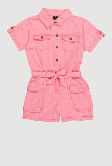 Girls Twill Tie Waist Belted Utility Romper