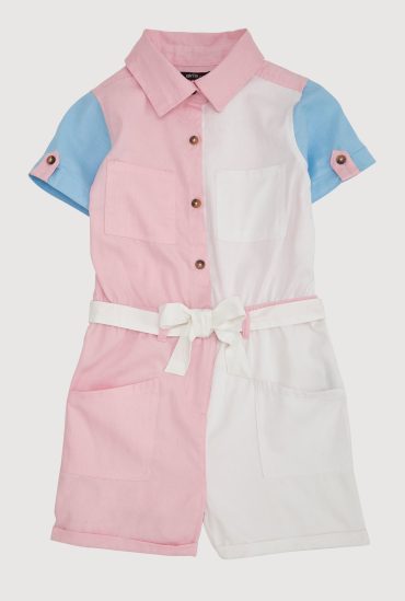 Girls Color Block Tie Waist Belted Romper