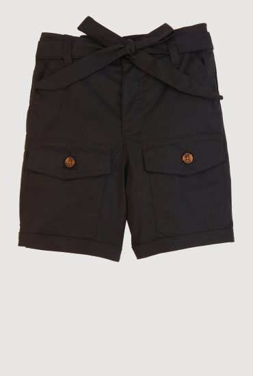 Girls Poplin Tie Waist Belted Cargo Pocket Shorts