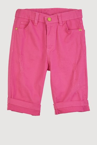 Girls Twill Fixed Cuff Distressed Bermuda Shorts