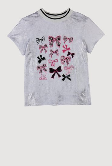 Girls Bow Graphic Short Sleeve Crew Neck Top