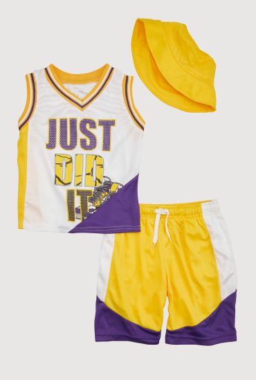 Little Boys Varsity Stripe Just Did It Jersey and Shorts with Hat