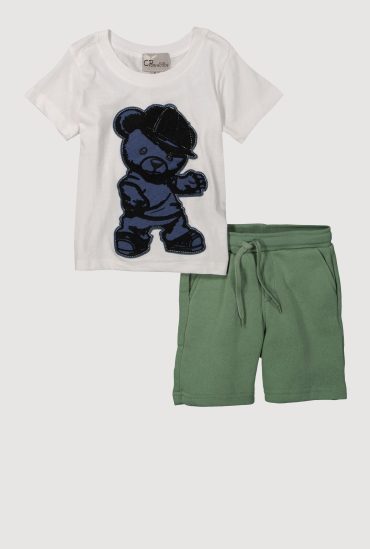 Little Boys Chenille Denim Patch Teddy Tee and Sweatshorts