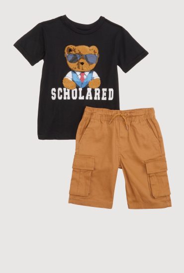 Little Boys Chenille Scholared Teddy Tee and Cargo Shorts