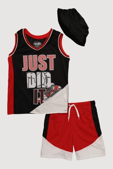Boys Stylish Color Block Basketball Jersey and Shorts Set with Hat