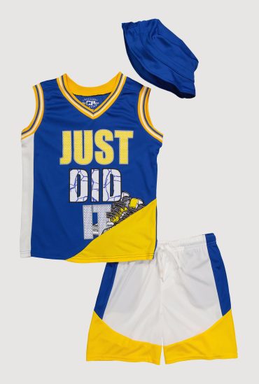 Boys Stylish Color Block Basketball Jersey and Shorts Set with Hat
