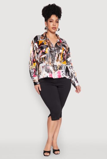 Plus Size Satin Printed Pattern Shirt