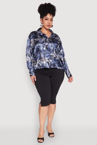 Plus Size Satin Graffiti Printed Pattern Shirt