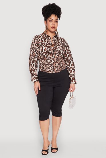 Plus Size Leopard Print Smocked Waist Blouse