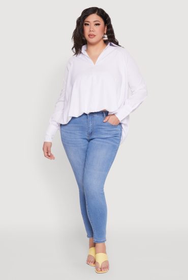 Plus Size Johnny Collar Long Sleeve Shirt