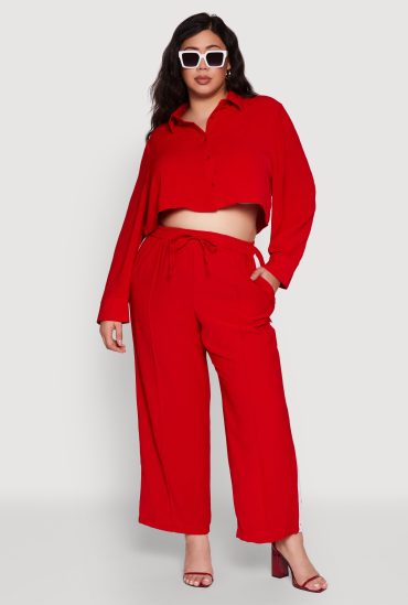 Plus Size Crepe Knit Pintuck Pants with Side Stripe