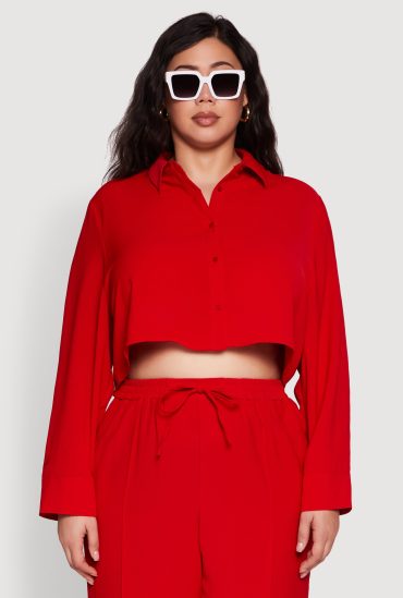 Plus Size Crepe Knit Cropped Shirt with Side Stripe