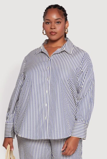 Plus Size Striped Long Sleeve Button Front Shirt